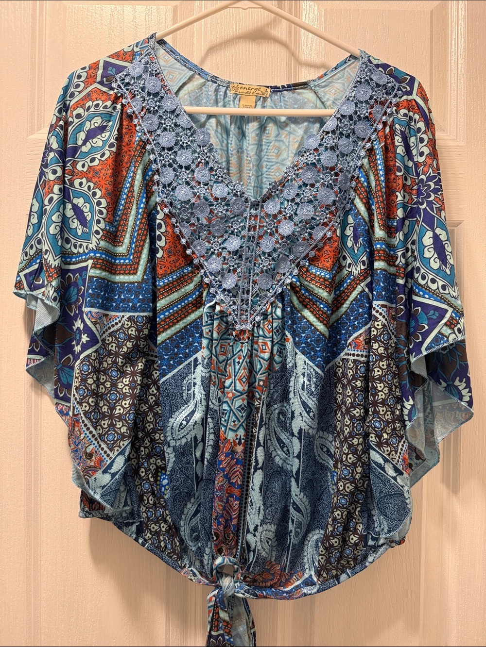 Boho Lace-Trim Tie-Front Blouse in Blue and Rust